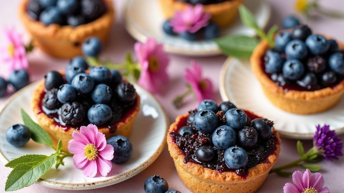 Mini blauwe bosbessen taartjes versierd met bloemen en toppings