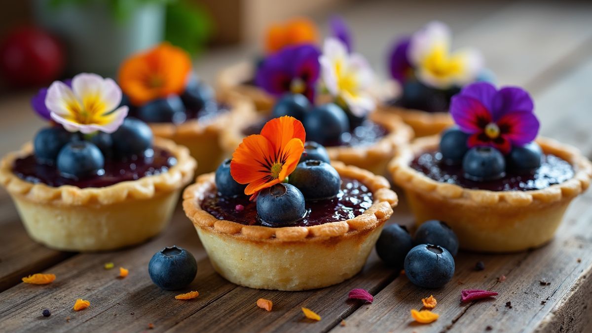 Mini blauwe bosbessen taartjes versierd met bloemen en toppings