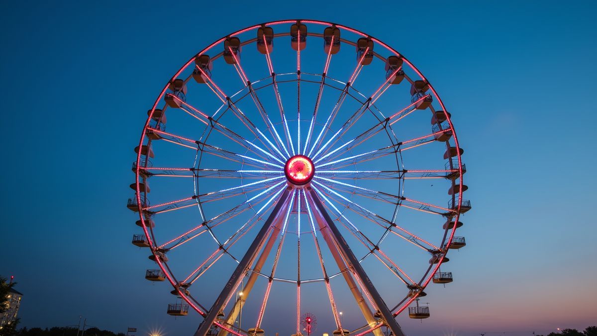 Modern Ferris wheel illuminated in the dark.