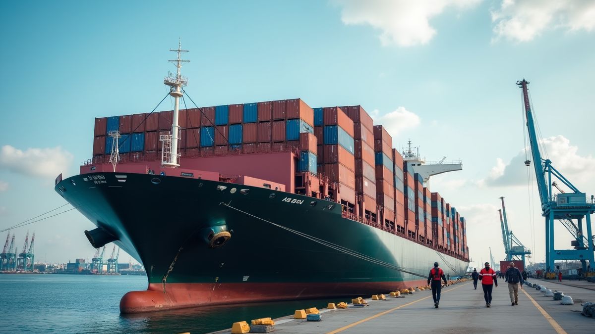 Modern vrachtschip in de haven met zeelieden die zich voorbereiden op vertrek