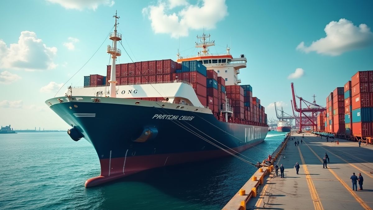 Modern vrachtschip in de haven met zeelieden die zich voorbereiden op vertrek