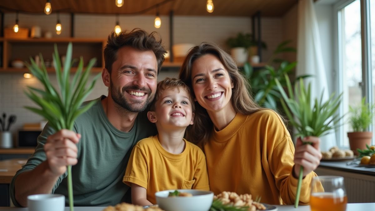 Moderne familie viert samen Palmzondag.