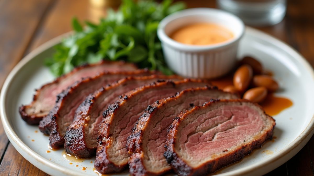 Mooi gepresenteerde brisket met bijgerechten