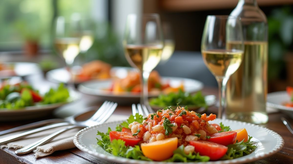 Mooie dinertafel met witte wijn en zeevruchten