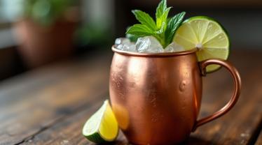 Een verfrissende Moscow Mule cocktail in een koperen mok.