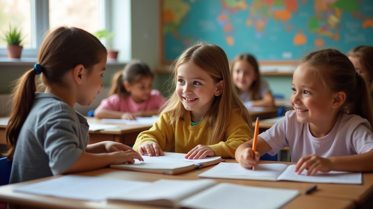 Multiculturele klas met leerlingen die samen verschillende talen leren