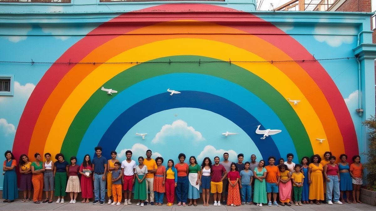 Muur schildering van een regenboog met diverse mensen
