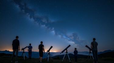 Nachtelijke sterrenhemel met telescopen