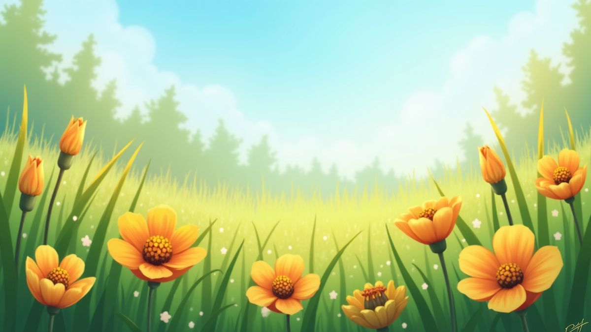 Natuur met heldere bloemen en een blauwe lucht.