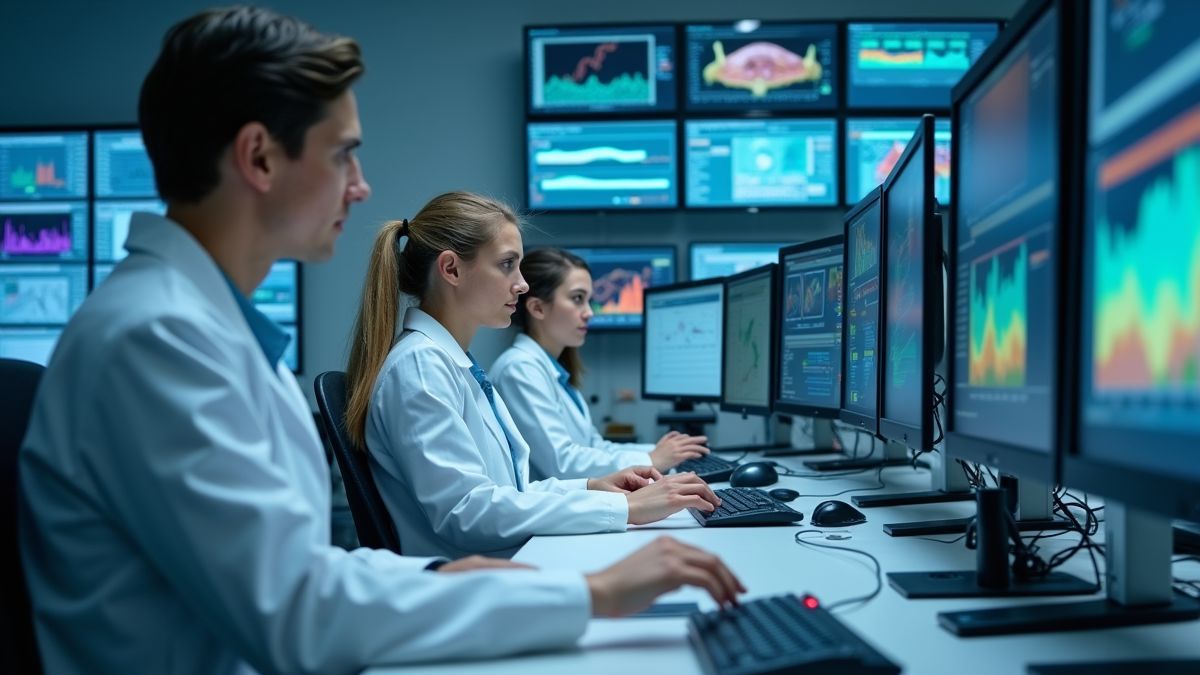 Onderzoekers in een laboratorium analyseren malariadata.