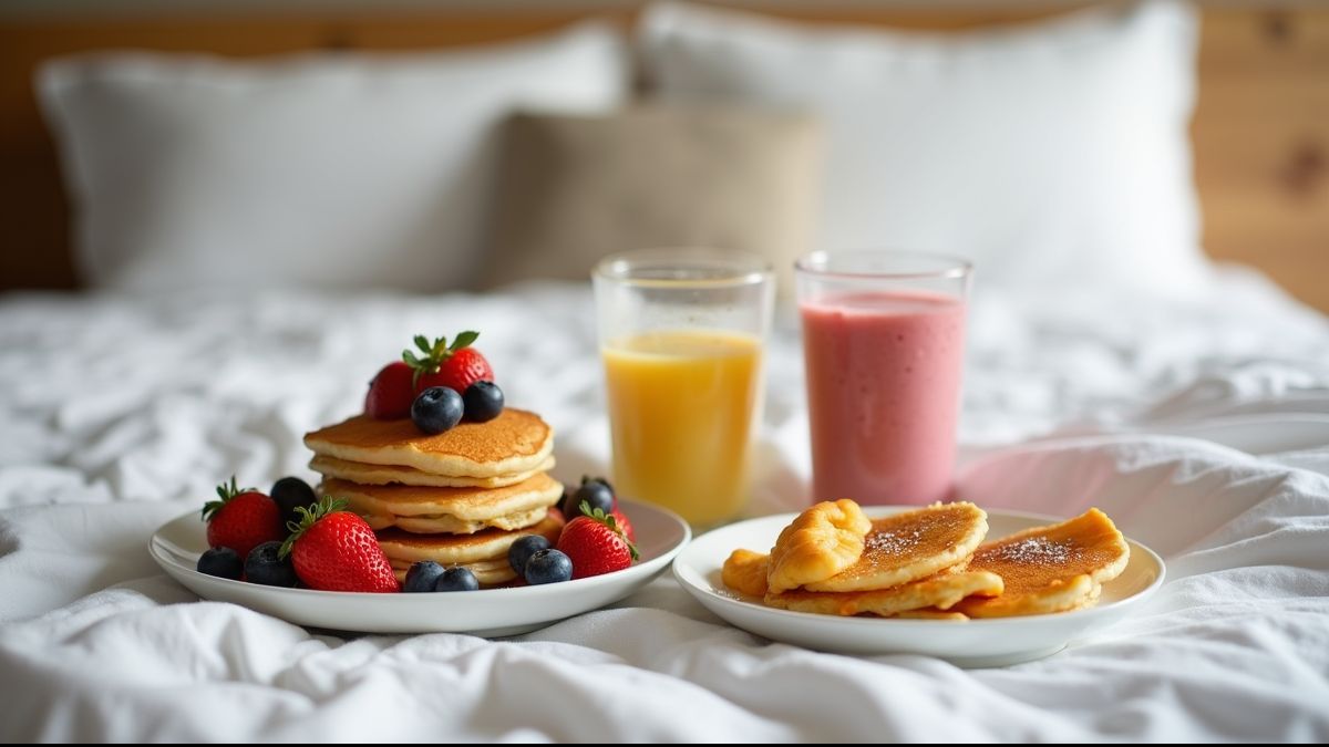 Ontbijt op bed met pannenkoeken en smoothies