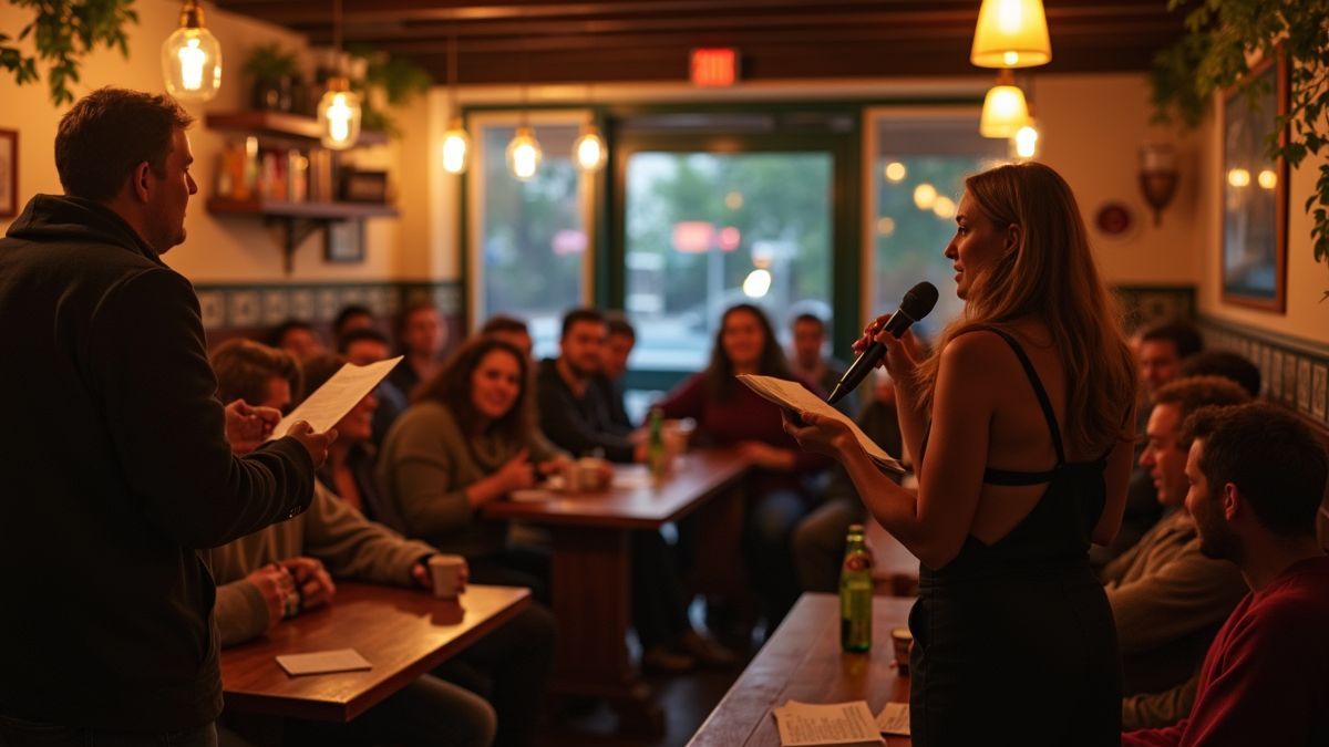 Open mic nacht in een lokaal café met poëzie voorlezingen.
