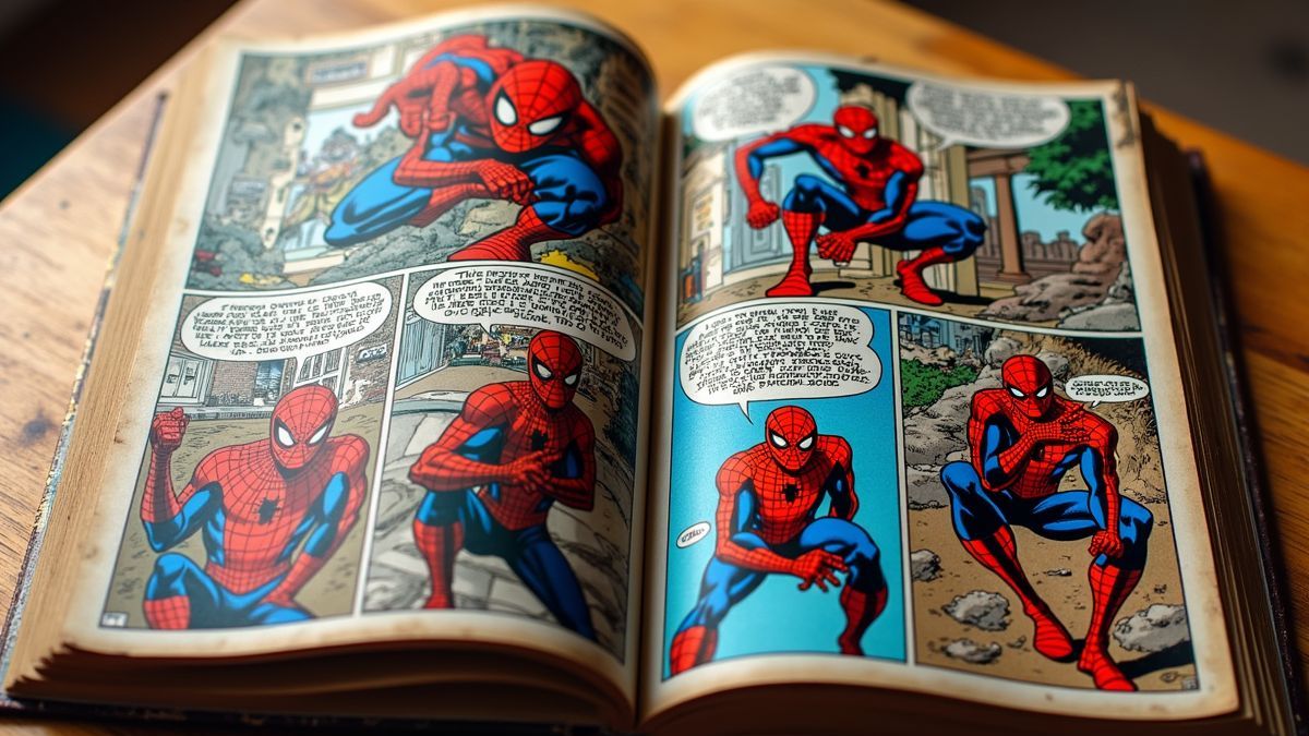 Open stripboek met Spider-Man panels