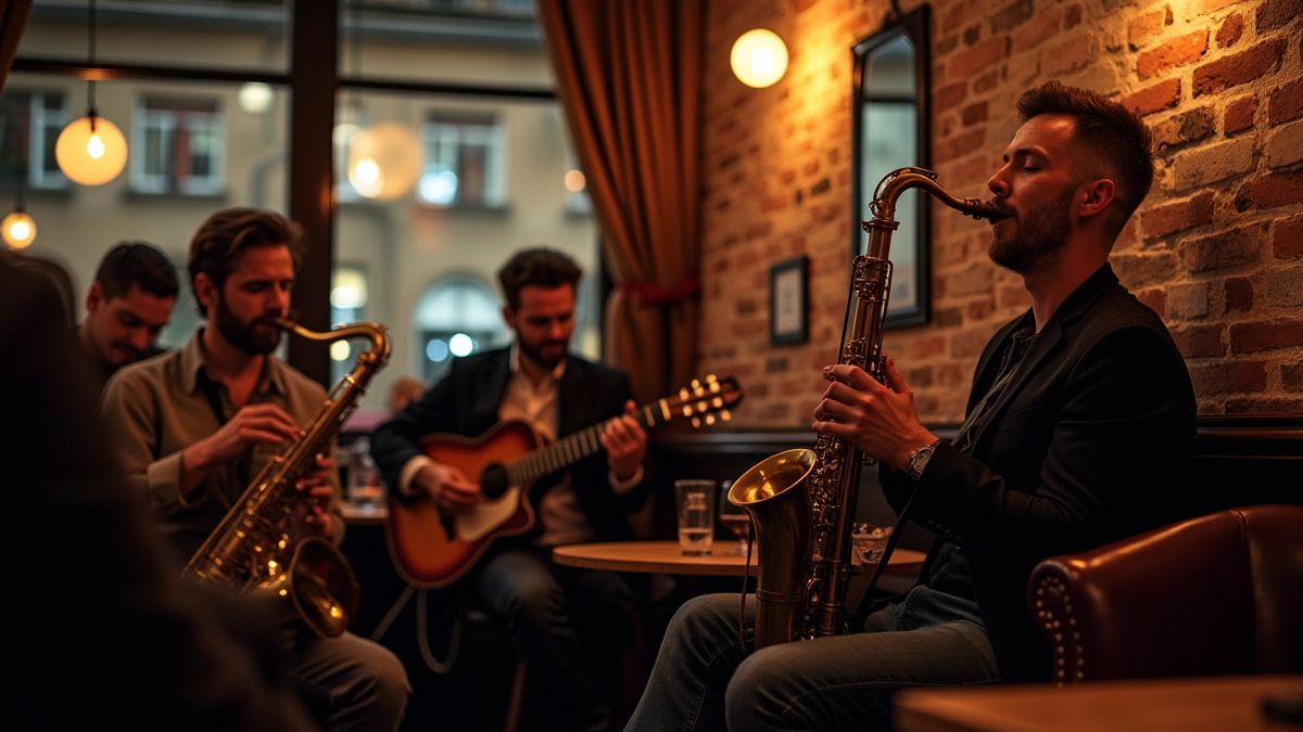 Optreden van jazzmuzikanten in een gezellige stadscafé.