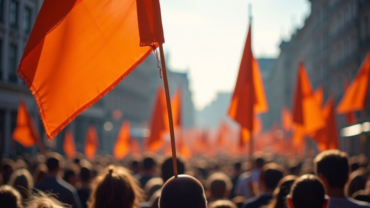 Oranje vlaggen en feestende menigte ter viering van Koningsdag.