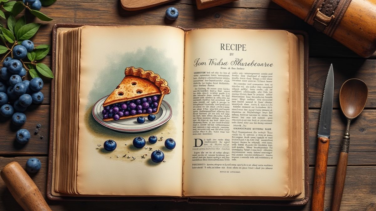 Oud kookboek met een recept voor blauwe bosbessen taart en rustieke keukengereedschappen