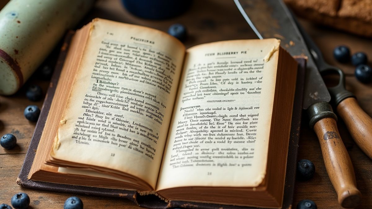 Oud kookboek met een recept voor blauwe bosbessen taart en rustieke keukengereedschappen