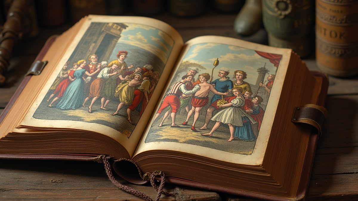 Oude boek met een feestafbeelding