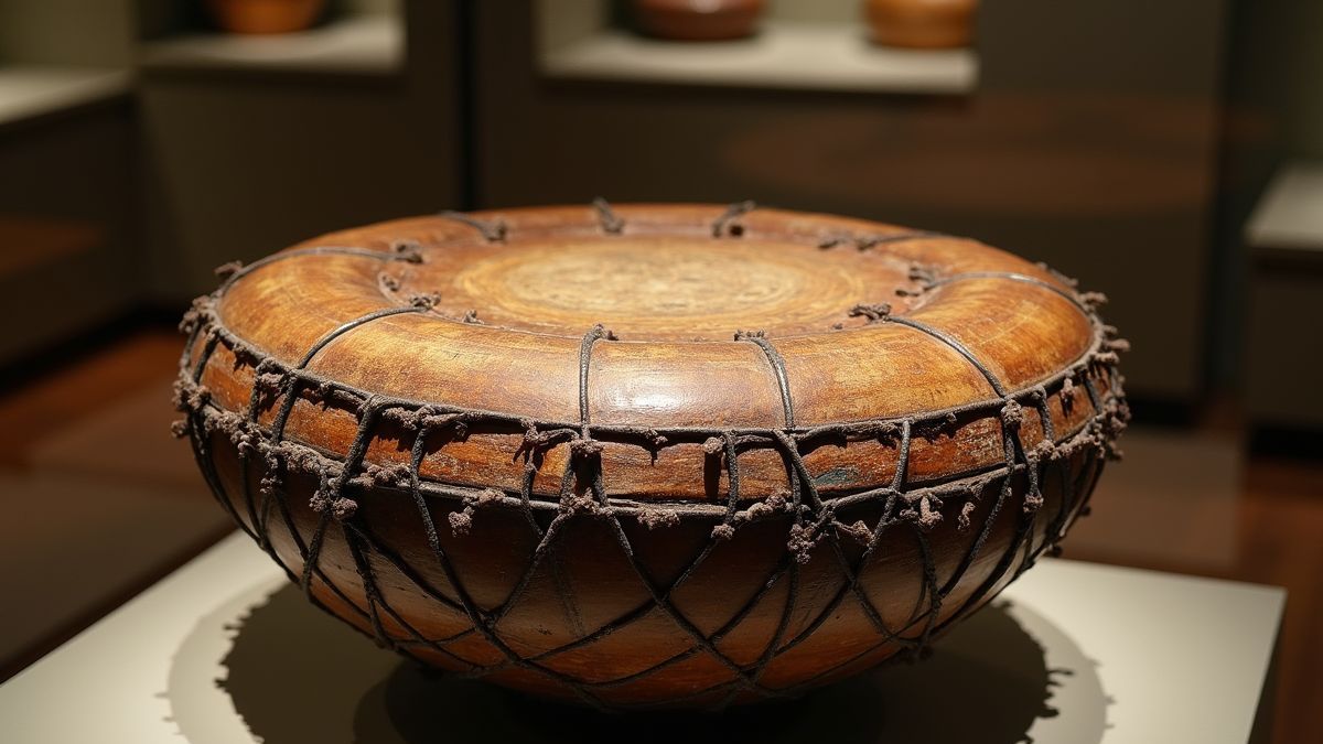 Oude drum gemaakt van alligatorschedel in een museum