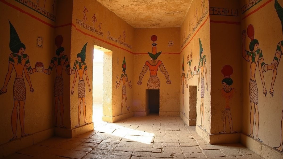 Oude Egyptische tombes met jongleurs afgebeeld op de muren