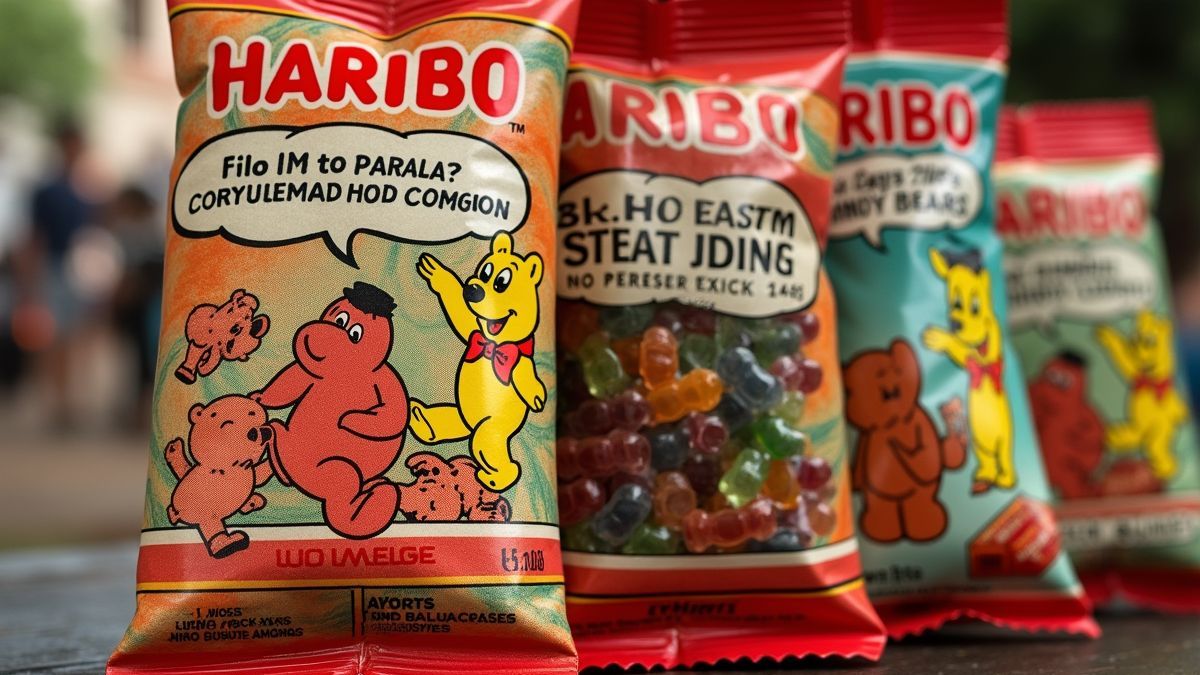Oude en moderne verpakkingen van Haribo gummy beren naast elkaar