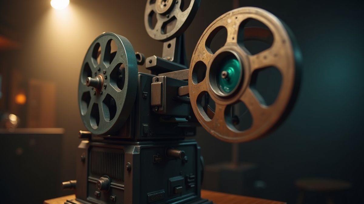 Oude filmprojector met draaiende filmrol, symboliseert filmgeschiedenis.