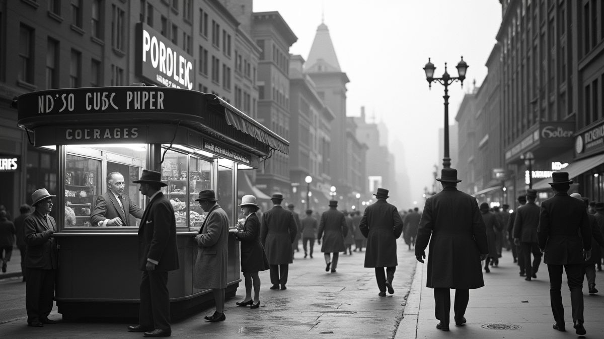 Oude foto van 1930s Philadelphia met hotdogkraam