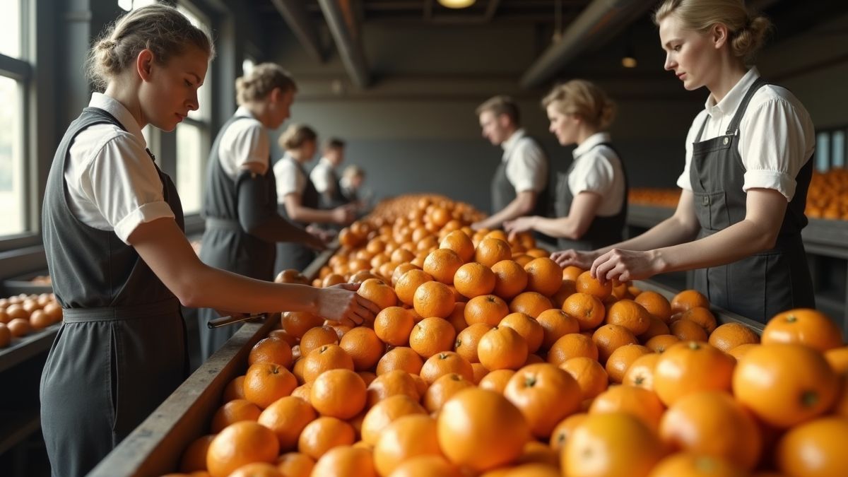 Oude foto van mensen die in de jaren dertig handenmatig sinaasappels persen