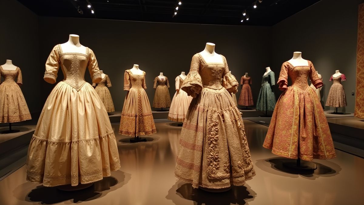 Oude jurken in een Europese museumtentoonstelling