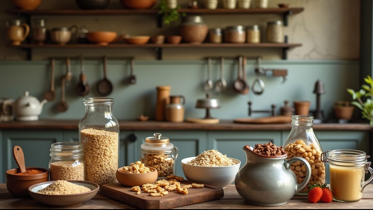 Oude keuken met granola ingrediënten