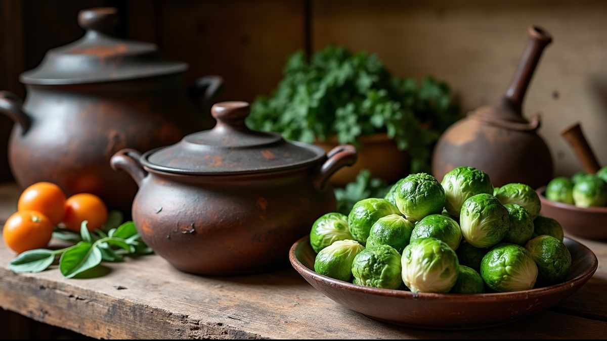 Oude keuken met kookpotten en spruitjes