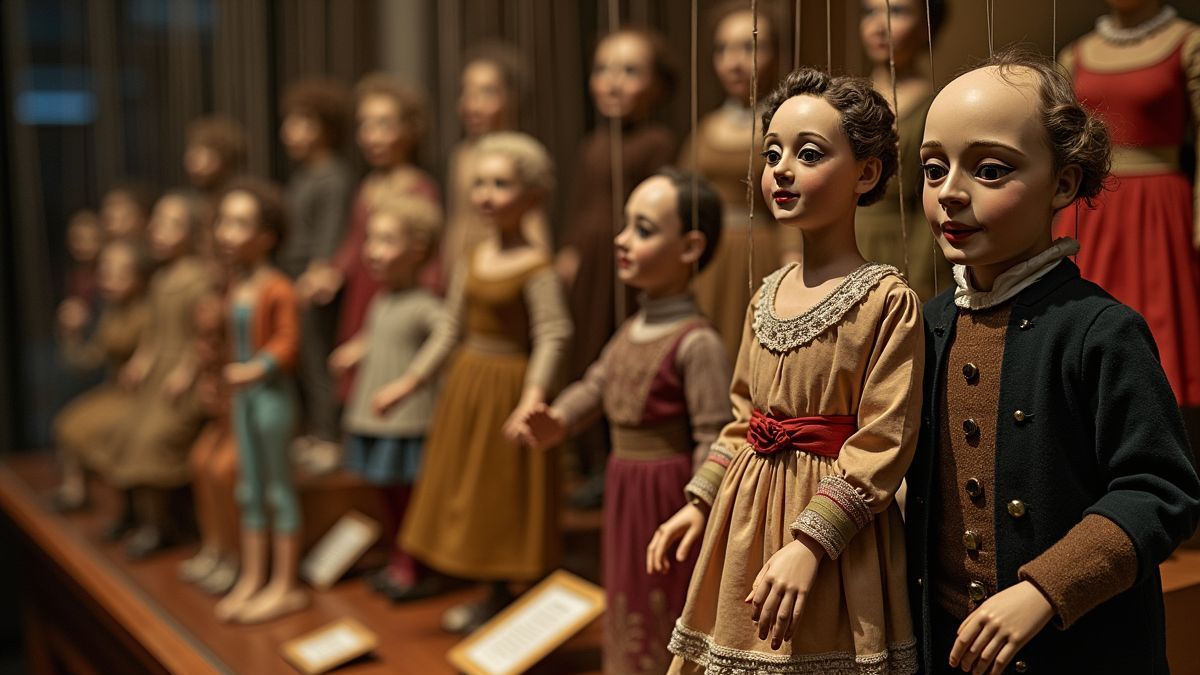 Oude marionetten en poppen in een museum.