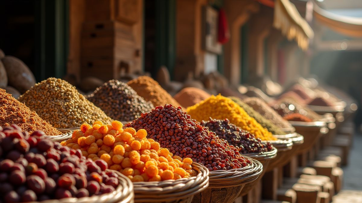 Oude markt met manden vol rozijnen en specerijen.