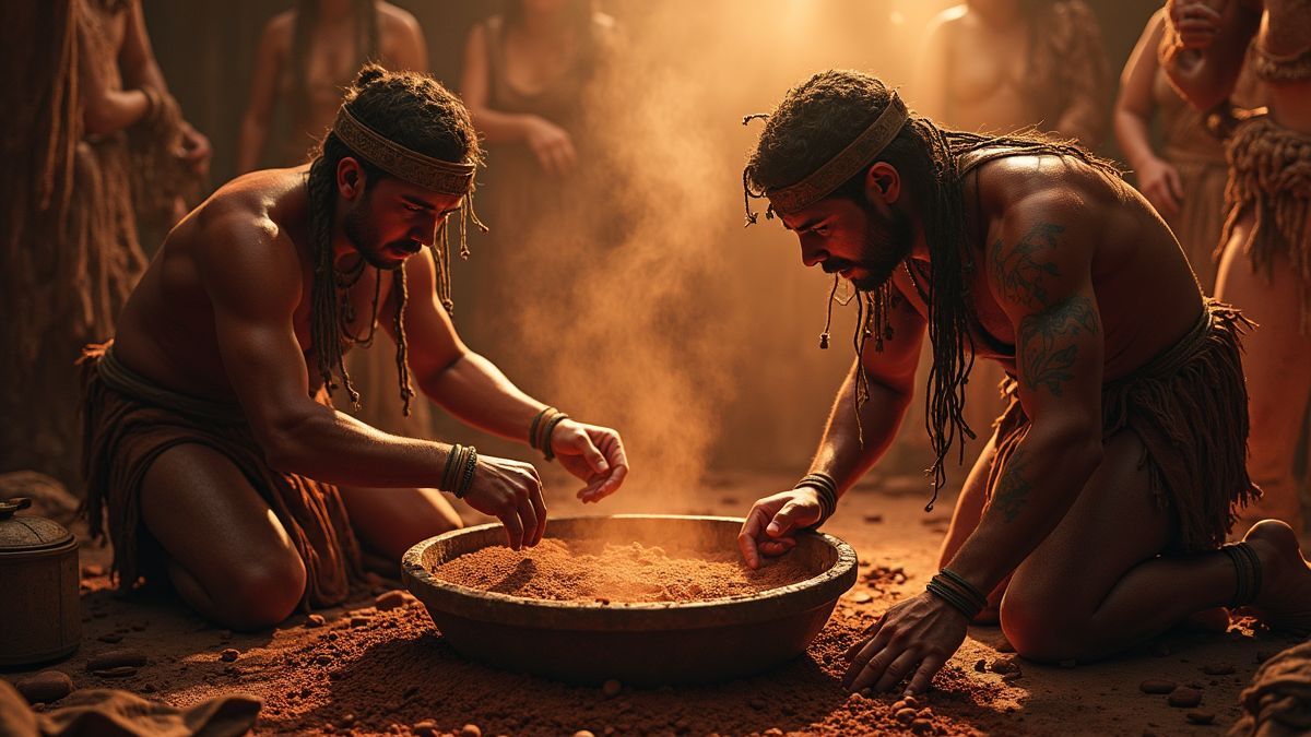 Oude Maya-cacao ceremonie met cacaobonen en chocoladedranken.