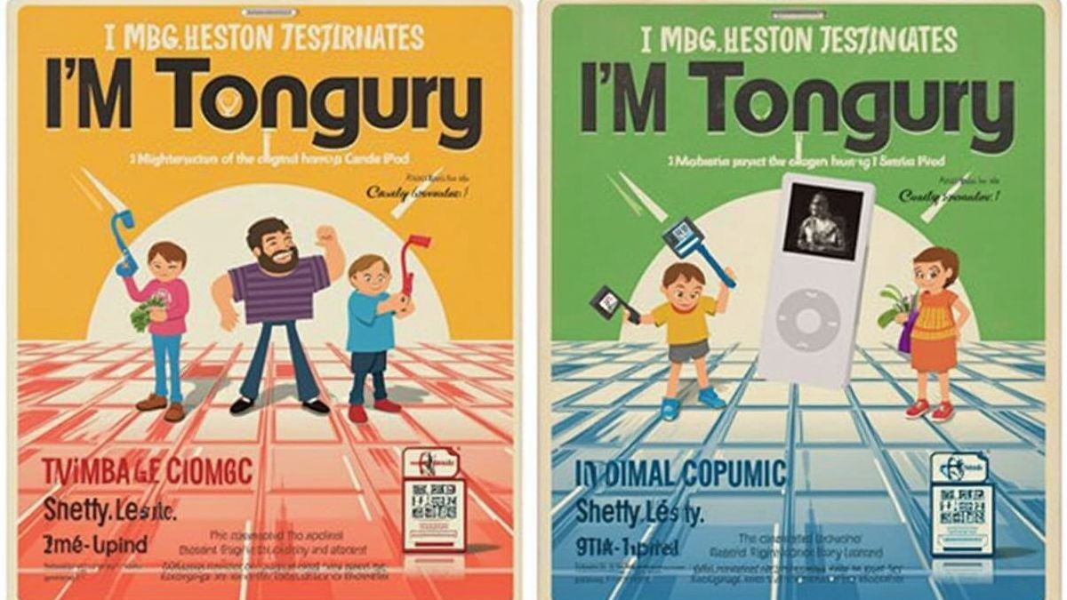 Oude posters van de originele iPod en de lancering van iTunes.
