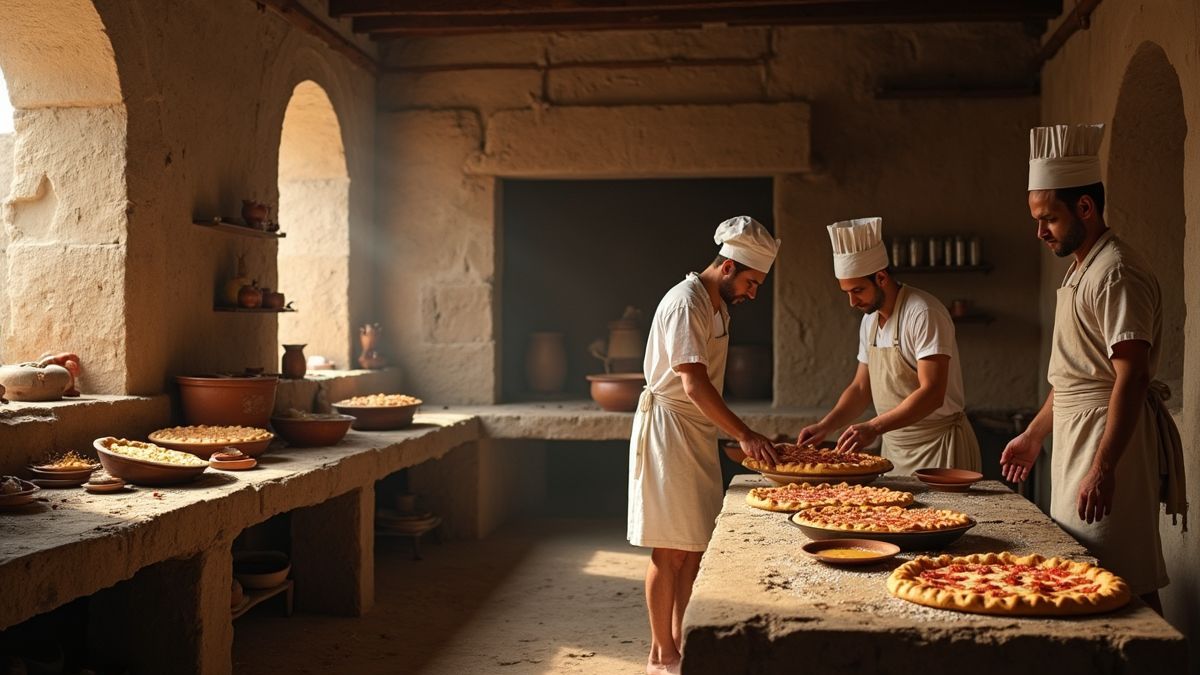 Oude Romeinse keuken met koks die taarten bereiden.