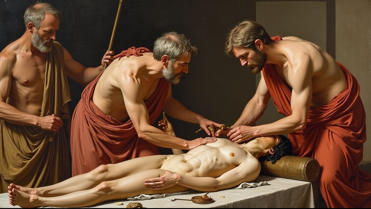 Oude Romeinse schildering van chirurgische praktijken