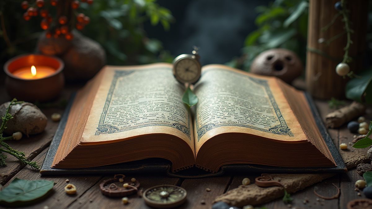 Oude sprookjesboeken en magie op tafel.