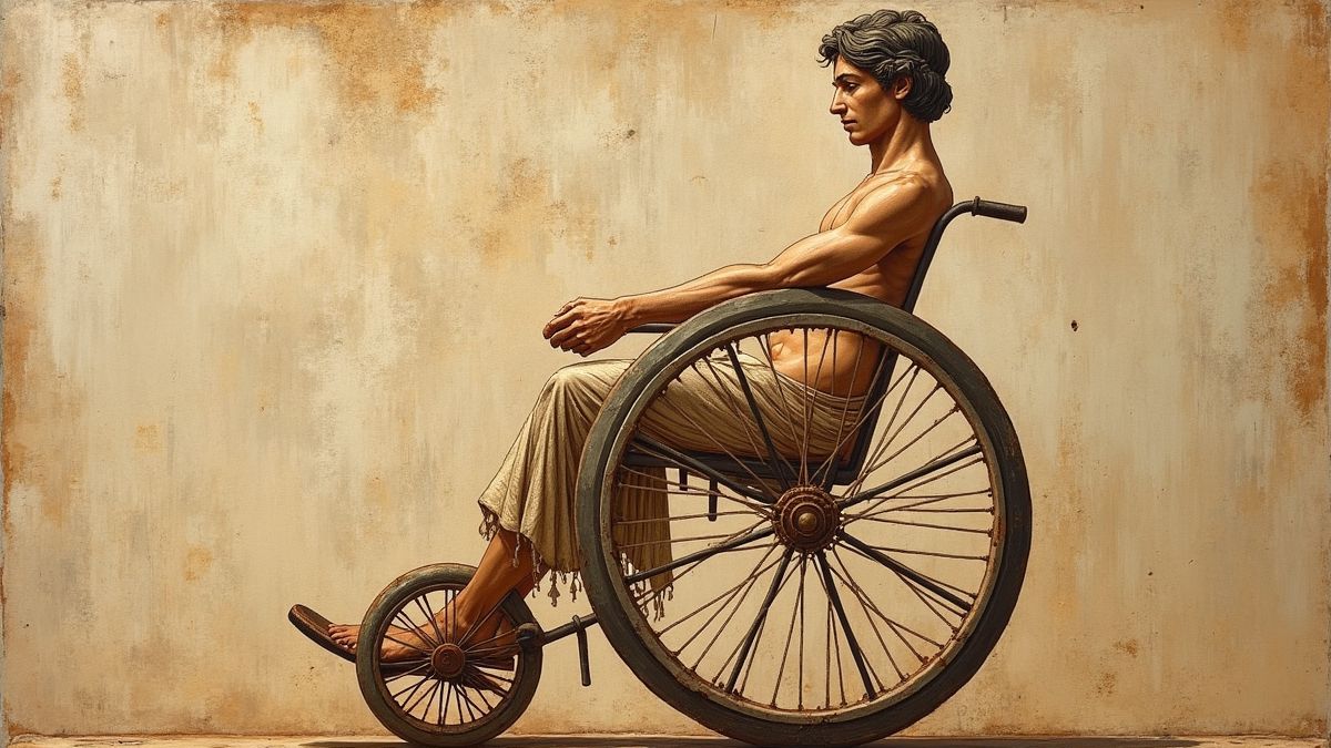 Oude stenen gravure van een vroege rolstoel in het oude Griekenland.