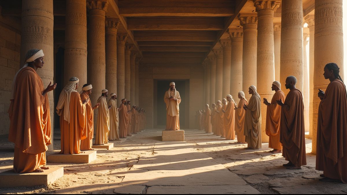 Oude tempel met figuren en religieuze rituelen