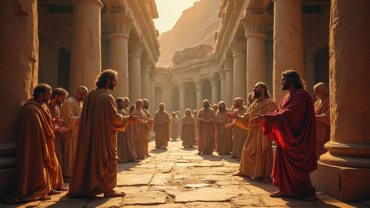 Oude tempel met figuren in discussie