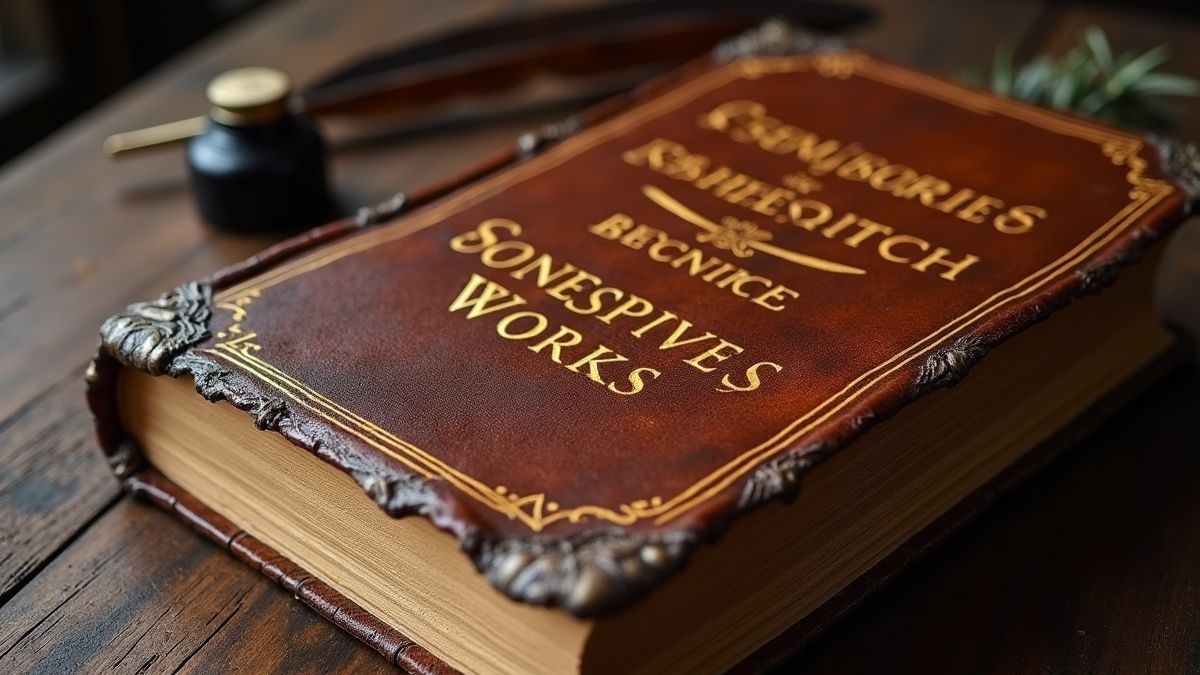 Oude werken van William Shakespeare met een veer en inktpot.