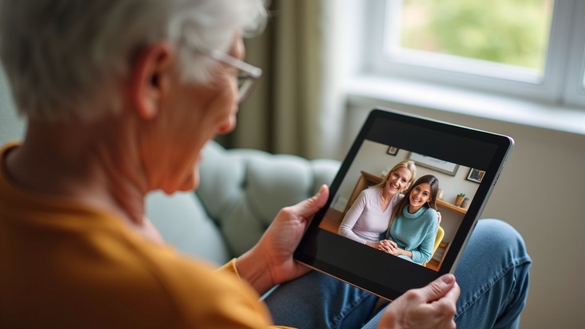 Ouder persoon die met plezier een tablet gebruikt.
