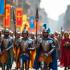 Parade ter ere van Sint-Joris met drakenkostuums en historische vlaggen.
