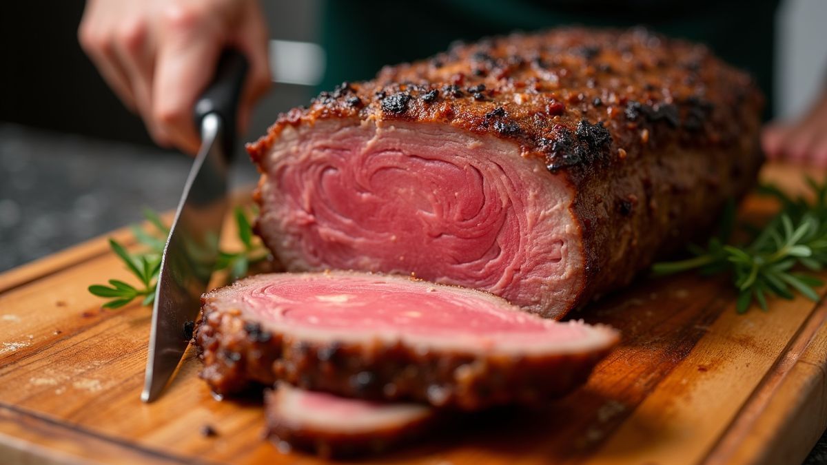 Perfect bereide prime rib wordt gesneden bij een snijstation.