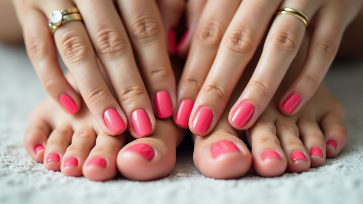 Perfect gemanicuurde handen en voeten met kleurrijke nagellak.