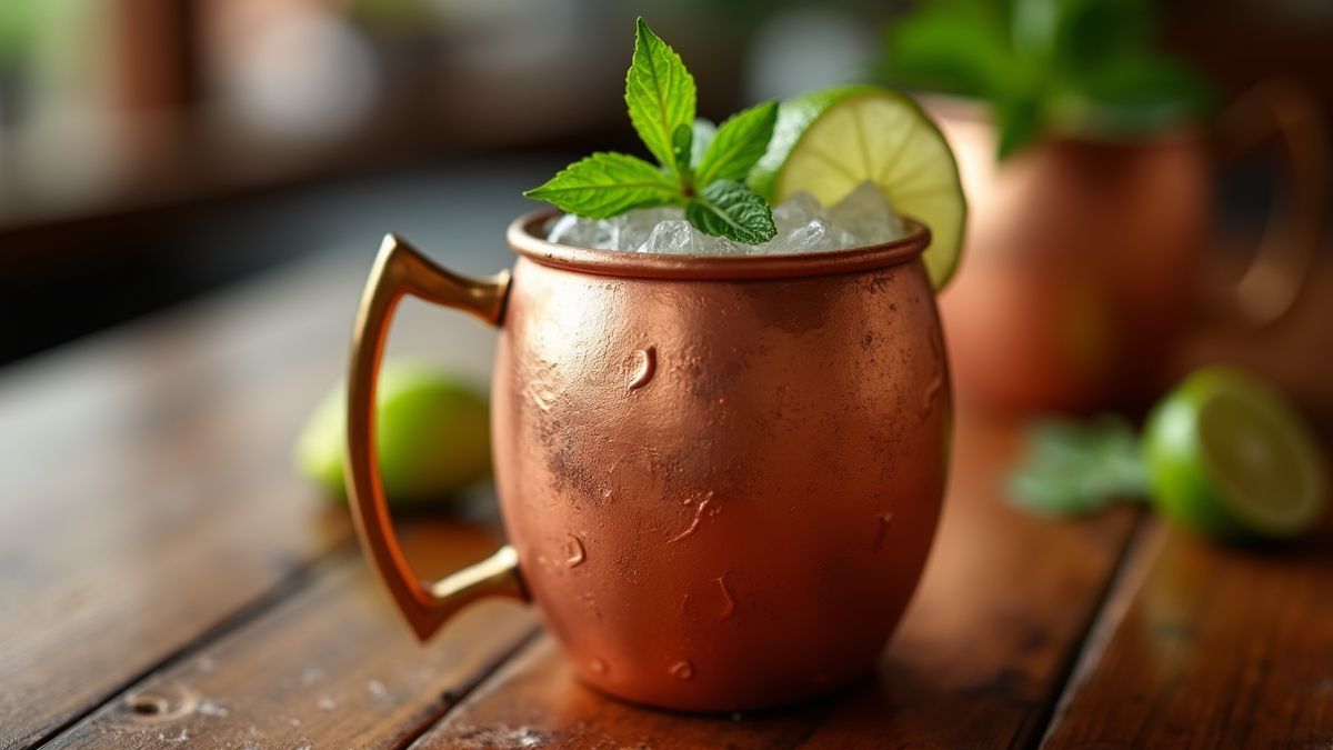 Perfecte Moscow Mule in een koperen mok met limoen en munt.