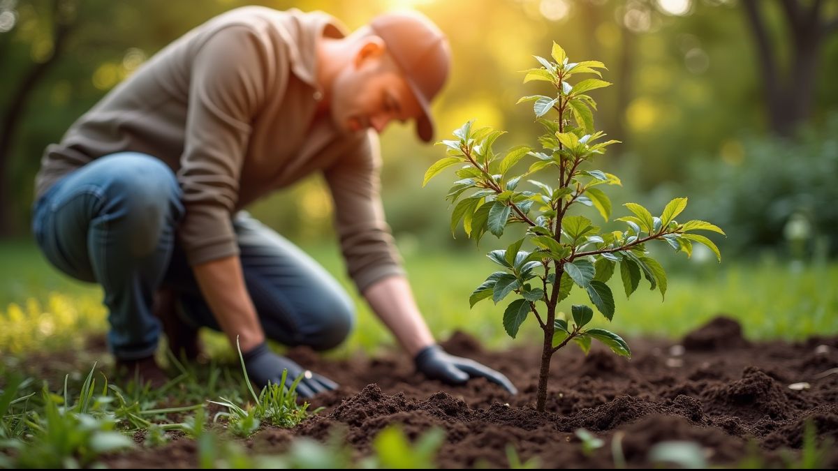 Persoon die een kleine abrikozenboom plant.