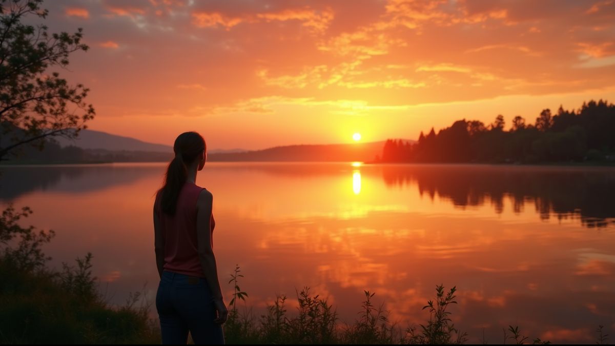 Persoon die naar een zonsondergang over een rustig meer kijkt