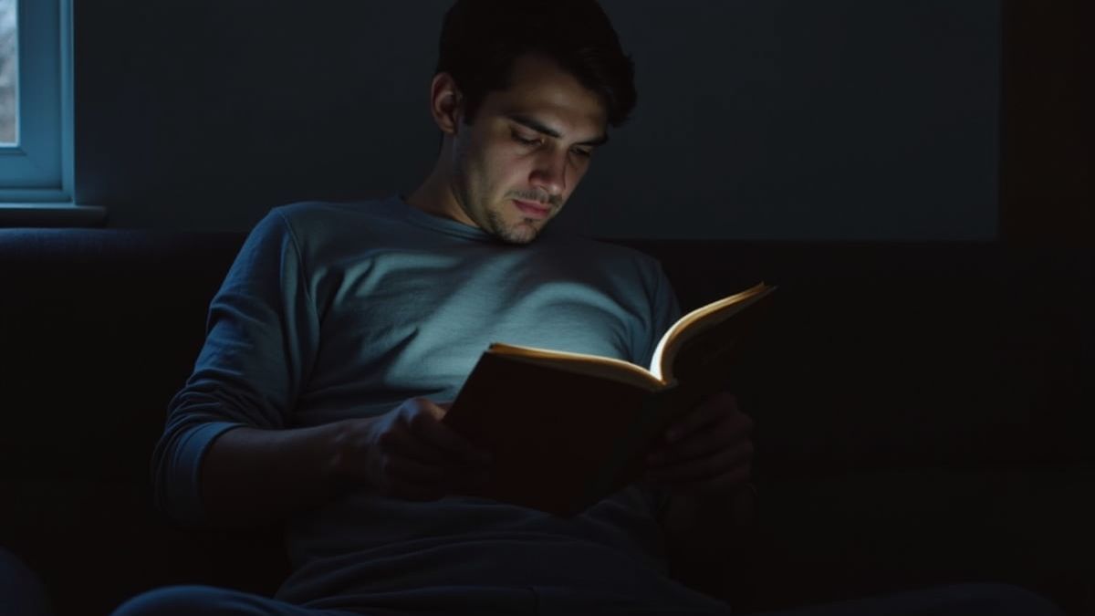Persoon leest een boek in zachte verlichting